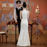 New Chinese Champagne-Colored Engagement Cheongsam Toast Bridal Fishtail Dress Beautiful Registration Certificate Wedding Dress