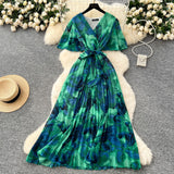 2025 Summer Dress New Female High-End Feel Strapped Belt V Collar Horn Sleeves Thin Temperament Print Chiffon Dress