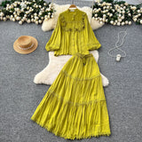 French Temperament Set Female Court Vintage Lace Spliced Lantern Sleeve Single-Button Shirt High-Waisted Skirt