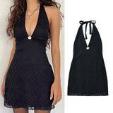 2025 Summer Three-Dimensional Flower Decoration Hanging Neck Lace-Wre-Necked Lace-Up Hip Babes Short Dress