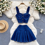 Chic Port Style Retro Hottie Set Short Sling Vest With Mini Half-Dress Denim Two-Piece Tide