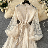 Elegant Stand-Up Single Buckle Heavy Industry Hook Flower Embroidery Lantern Sleeve With A Long Dress With A Big Swing