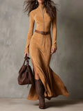 2025 New Retro Modern Collar Zipper High Open Forked Waist Temperament Famous Style Dress
