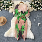 Small High-End Dress Women Design Feel Strapped Waist Bat Sleeve Pressure Fold Printing Irregular Dress Dress