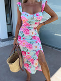 New Elegant Design French Flower Sling With Open Fork Mid-Long Ladies Dress In Summer 2025