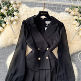 Black Suit Collar Dress Woman 2025 Autumn High-End Double Buckle Waist Long Sleeves Small Black Dress Skirt