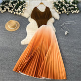 Three-House Folded Suit Women's Summer Design Feeling Shiny Short-Sleeved Top High Waist Gradient Color Bajamas Skirt