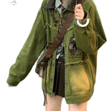 2025 Out Of The Street Vintage Child's Tung-Smair Embroidered Denim Jacket Spring And Autumn In Green Vintage Denim Suit