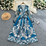 Court Retro Design Cross V-Neck Yarn Lantern Sleeve Strap To The Belt Print Big Swing Ponve Dress