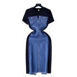 2025 Net Red New Niche Round Collar Short Sleeve Splicing Denim Dress Women Senior Feel Waist-Wear Two Long Skirts