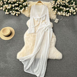 Seaside Holiday Style Suit Women's Niche Net Red Explosive Strapped With Waist Long-Sleeved Knitted Shirt Hollow Skirt Set