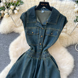Light-Cooked Wind Niche High-End Feeling Collar Short-Sleeved Denim Dress Women 2025 Summer Leisure Slim Dress