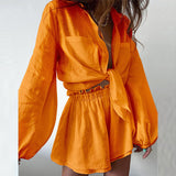 2025 Women's Casual Pure Color Lotus Leaf Side Shorts Shirt Fashion Set Women's Two-Piece