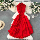 Elegant Three-Home Folded Dress Dress Wooden Ear Long Heavy Industry Pressure Folds High-End Exquisite Dress Woman