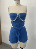 Spring/Summer 2025 New Fashion Sexy Pure Colored Navel Suede Suit Blouse Shorts Set
