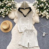 European Fashion Set Women's Summer Design Three-Dimensional Relief Hooded Sleeveless Knitted Tops High Waist Broad Leg Shorts