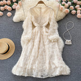 Gentle Style Femininity Waist Thin Knee Long Sleeve First Love Dress A Elegant Temperament V-Neck Lace Dress