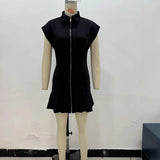 Clip Zipper Wide-Fold Short Dress 2025 Summer Temperament Casual Sleeveless A-Word Miniskirt