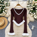 Clamming Striped Knitted Shirt Autumn Lotus Side Hem Horn Sleeves Slimmed Out Of The Bottom Coat