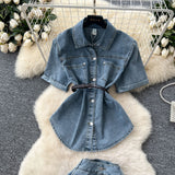 French Light-Cooked Wind Strap To Close Waist Short-Sleeved Cowboy Topess Female High-Waisted Fork Hip Skirt Summer Two-Sleeve