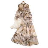 Temperament Two Sets Of Female High-Grade Style Straps To The Waist Lantern Sleeve Print Chiffon Top + High Waist Skirt
