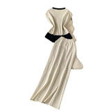 Design Sense Of The Color Short Sleeve Knitted Cardigan Top + High Waist Long Skirt Summer Wearing Two Sets