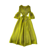 European Court Dress Female Design Tuxedo V Collar Long Three House Press Folding Horn Sleeve Dress Woman