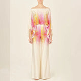 Spring 2025 New Set Women's Printed Round-Neck Loose Bat Sleeves Wide Leg Trousers Fashion Set
