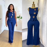 Temperament Design Sense Metal Buckle Round-Neck Sleeveless Vest + High-Waist Broad-Legged Trousers Denim Set Of Women