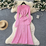 French Small Fragrant High-Grade Metal Buckle Waist Dress Women 2025 Autumn Thin Temperament Hollow Knitted Long Dress