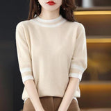 2025 Round Collar Half-Sleeve Tight Cover Sweater Five-Point Sleeve Top Female Knitting Bottom Flying Sleeve Half-High Collar