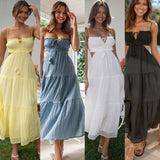 Women's Clothing 2025 New V-Neck Sleeveless Solid Color Splicing Large Swing Long Dress