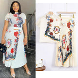 Miyaji Fashion Set Women's Summer French High-Grade Folding Print Short-Sleeved Top + Loose A Word 100-Fold Long Skirt