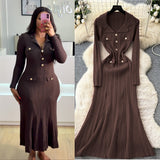 Small Fragrant Elegant Collar Long Sleeve Metal Buckle Waist Knitted Dress Autumn Thin Long Dress