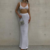 2025 New Babes Knitted Fashion Set Women's Slings Wrapped In Chest Solid Color Bag Hips Long Skirt Two Sets Of Women