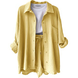 2025 Women's Wrinkle Collar Long-Sleeved Shirt High-Waisted Rope Shorts Fashion Casual Two-Piece Set
