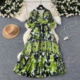 2025 Summer Dress New Niche Light Familiar Wind V To Receive Waist Thin Temperament French Pressure Folding Printing Chiffon Dress
