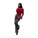 Design Sense Knitted Top Women's Sexy Hot Girl A Word Shoulder Knitted Shirt T-Shirt T-Shirt Sweater Woman
