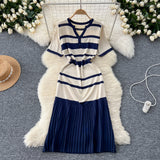 Korean Version Of Fashion V-Neck Short-Sleeved Striped Knitted Dress Women Thin Senior Sense 100-Folded Dress Women Summer