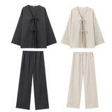 Pajamas Wind Casual Set 2025 Summer Long Sleeve V-Neck Bow Tie With Loose-Fitting Shirt Broad Leggings