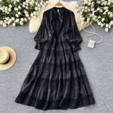 French Retro V-Neck Lace To Receive Waist Long Sleeve Dress Female Thin High Sense Elegant Long Dress