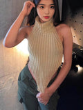 Women's Triangle Irregular Vest Pure Sexual High-Collar Knitted Back Sleeveless Top Woman