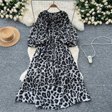 French Retro Niche Print Dress Woman 2025 Autumn Strap To The Waist Round Lantern Sleeves Thin Dress