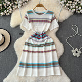 Small Fresh Striped Dresses Women's Summer French Oceanic Vintage Design Sensation Sweet National Wind Knitted Skirt