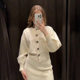 Women's Clothing 2025 Spring New Flower Button Decoration Knitted Shirt Skirt Set
