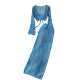 Seaside Holiday Style Suit Women's Niche Net Red Explosive Strapped With Waist Long-Sleeved Knitted Shirt Hollow Skirt Set