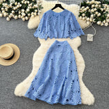 French High-End Squeal Hook Lace Set Women's Summer Fashion Short Horn Sleeve Shirt High Waist Half-Dress