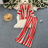 Women's Summer V-Neck Loose Knitted Cardigan Top + Broad Leg Trousers Set With Striped Hollow Set