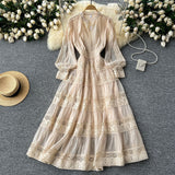 French Retro V-Neck Lace To Receive Waist Long Sleeve Dress Female Thin High Sense Elegant Long Dress