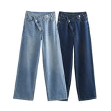 2025 Women's Autumn New Design Sense Fashion Asymmetrical Double Waist High-Waist Wide-Legged Jeans